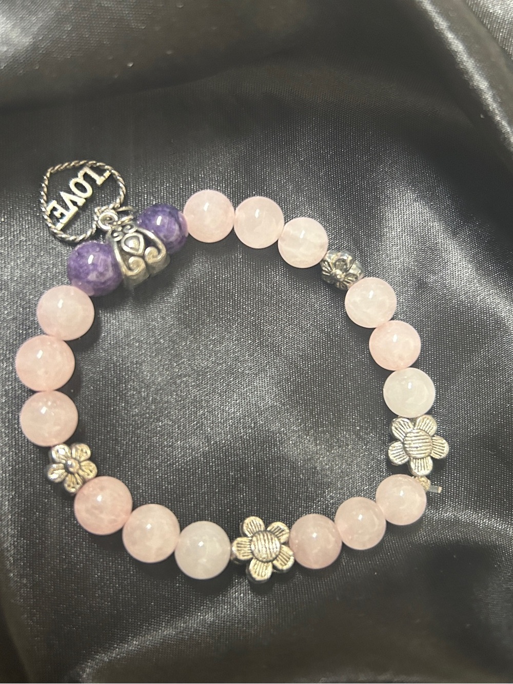 Rose Quartz & Amethyst Beaded Flower Bracelet